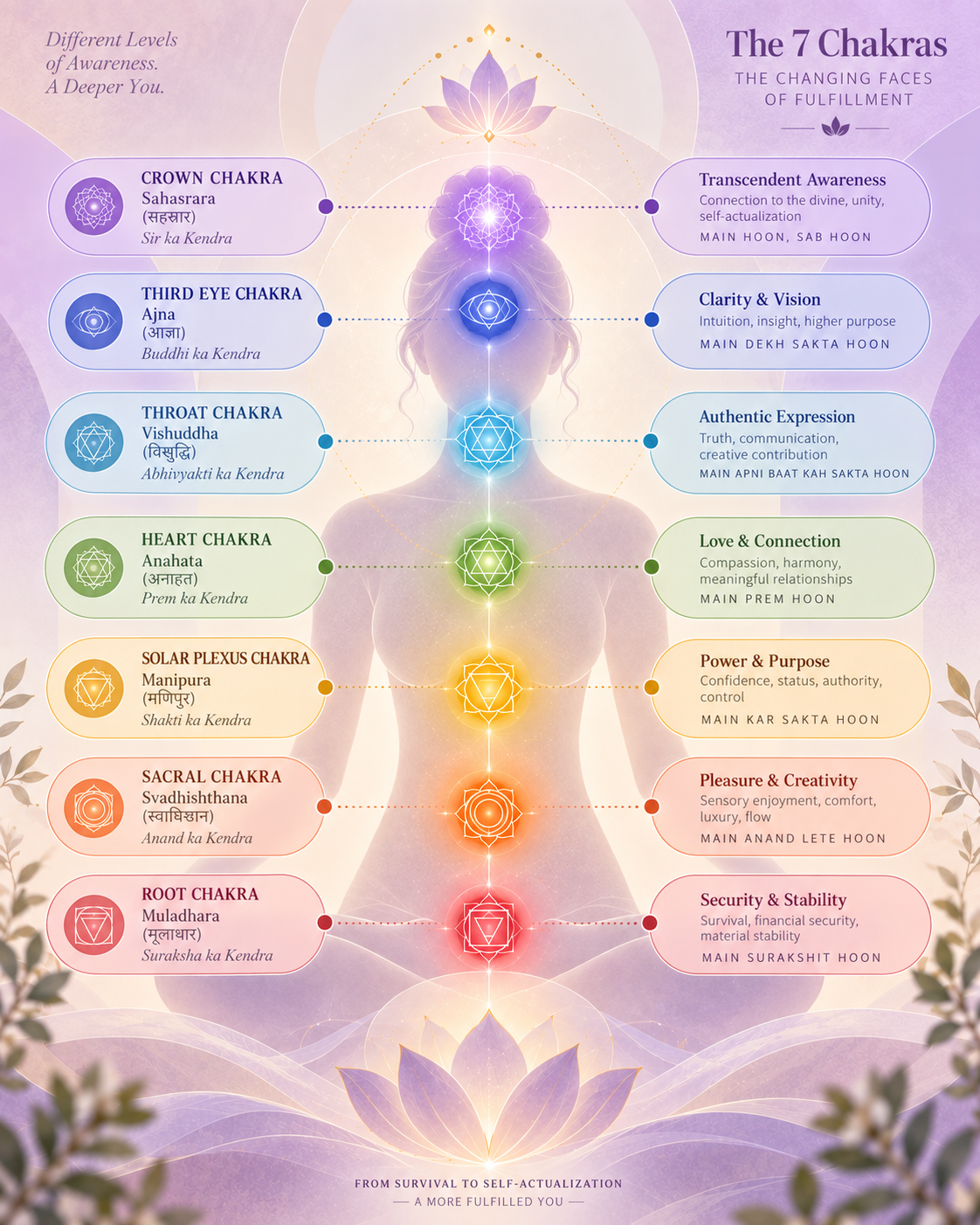 Seven chakra levels representing the evolution of fulfillment from physical security to expanded awareness