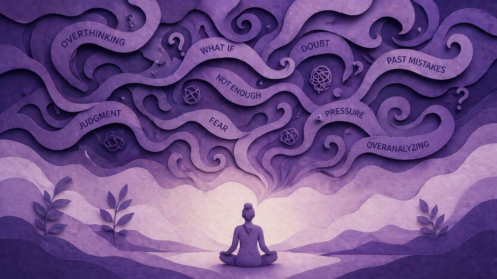 Wide illustration of a meditating figure with swirling thoughts above, including fear and doubt, in soft purple tones representing mental overwhelm.