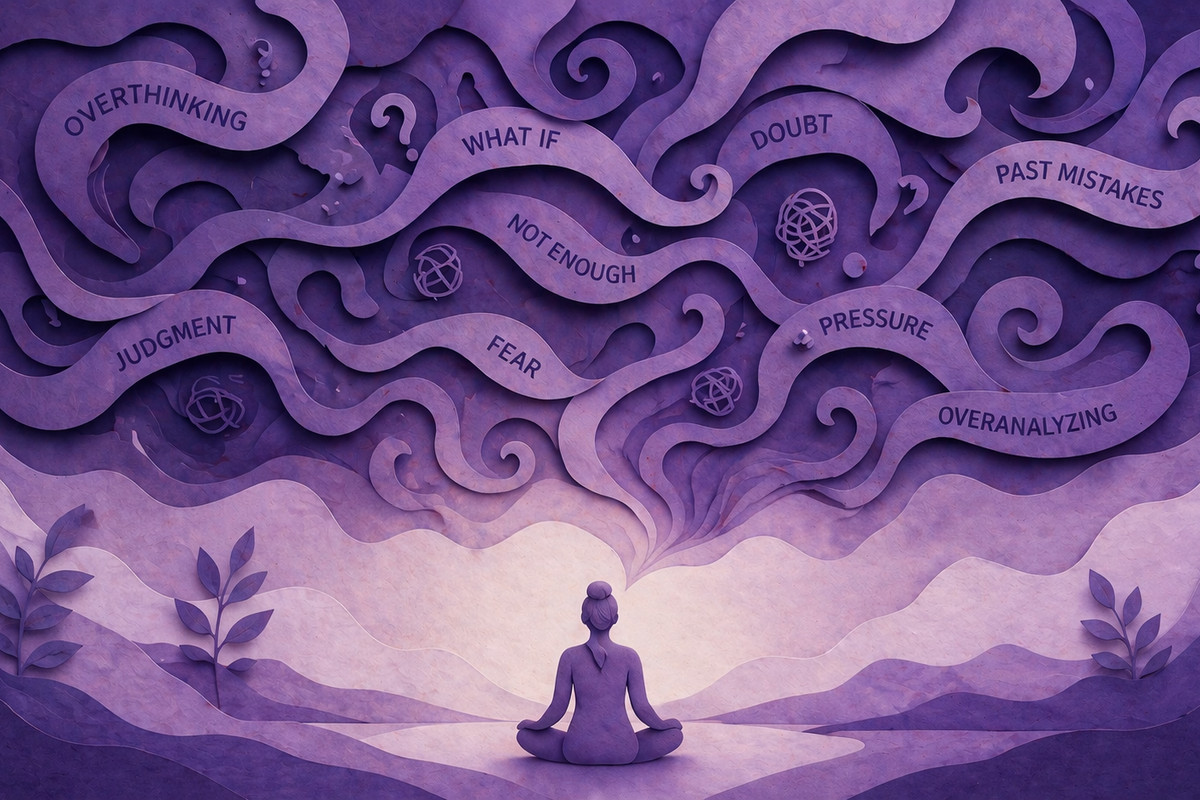 illustration of a meditating figure with swirling layered shapes above symbolizing overthinking, doubt, and mental clutter.