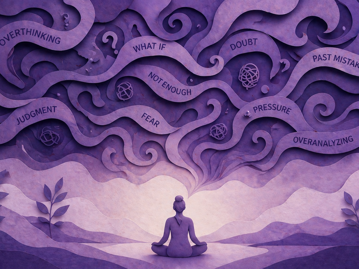 illustration of a meditating figure with swirling layered shapes above symbolizing overthinking, doubt, and mental clutter.