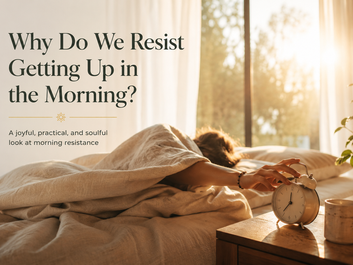 Person reaching for an alarm clock in a cozy sunlit bedroom representing emotional and spiritual morning resistance.