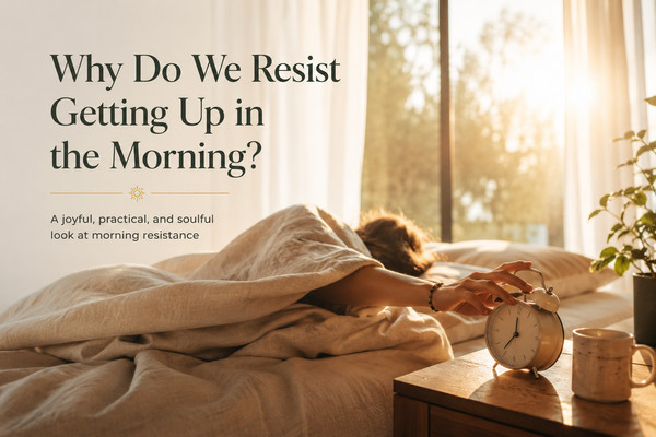 Person reaching for an alarm clock in a cozy sunlit bedroom representing emotional and spiritual morning resistance.