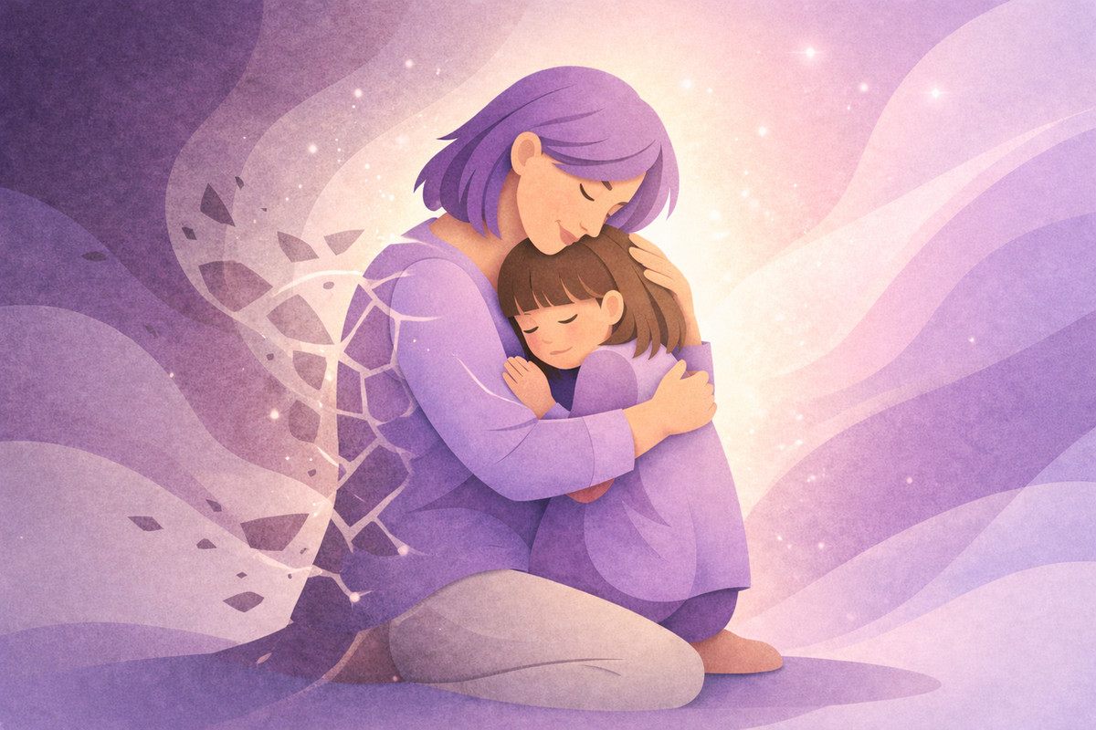 An illustration of a woman holding her younger self, with fragmented shapes on one side blending into light, symbolizing healing from trauma and emotional integration.