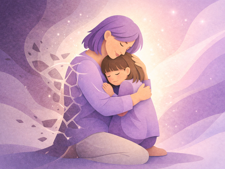 An illustration of a woman holding her younger self, with fragmented shapes on one side blending into light, symbolizing healing from trauma and emotional integration.