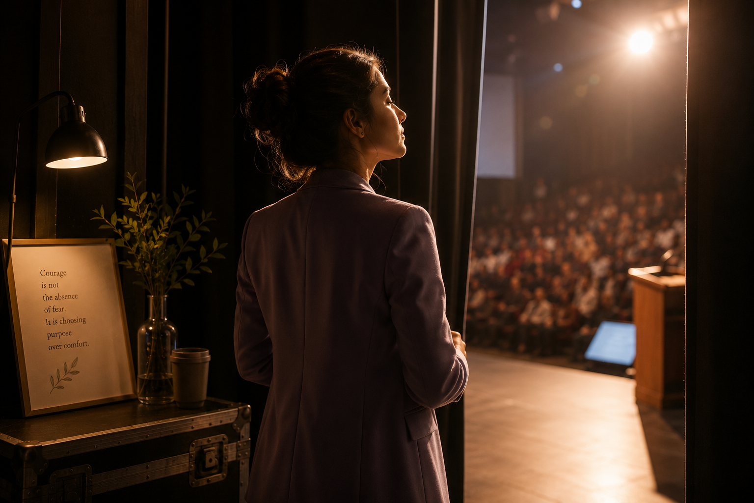 A speaker quietly preparing backstage before stepping into the spotlight with calm confidence.