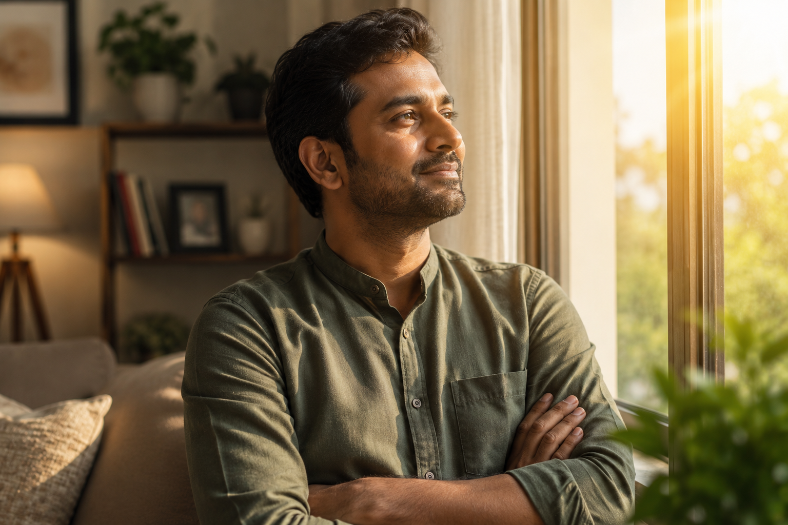 A man reflecting peacefully by a window after choosing acceptance over resistance in his relationship.