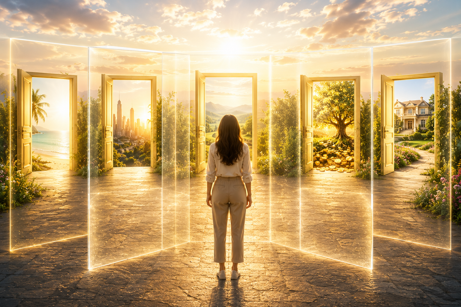Person surrounded by transparent barriers while open doors of opportunity and abundance stand ahead.