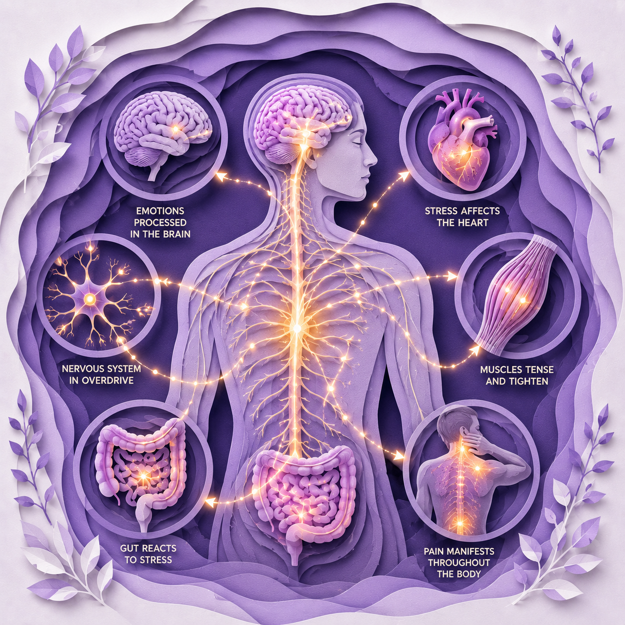 Illustration showing connections between the brain, nervous system, heart, muscles and digestive system to explain the science of mind-body health.
