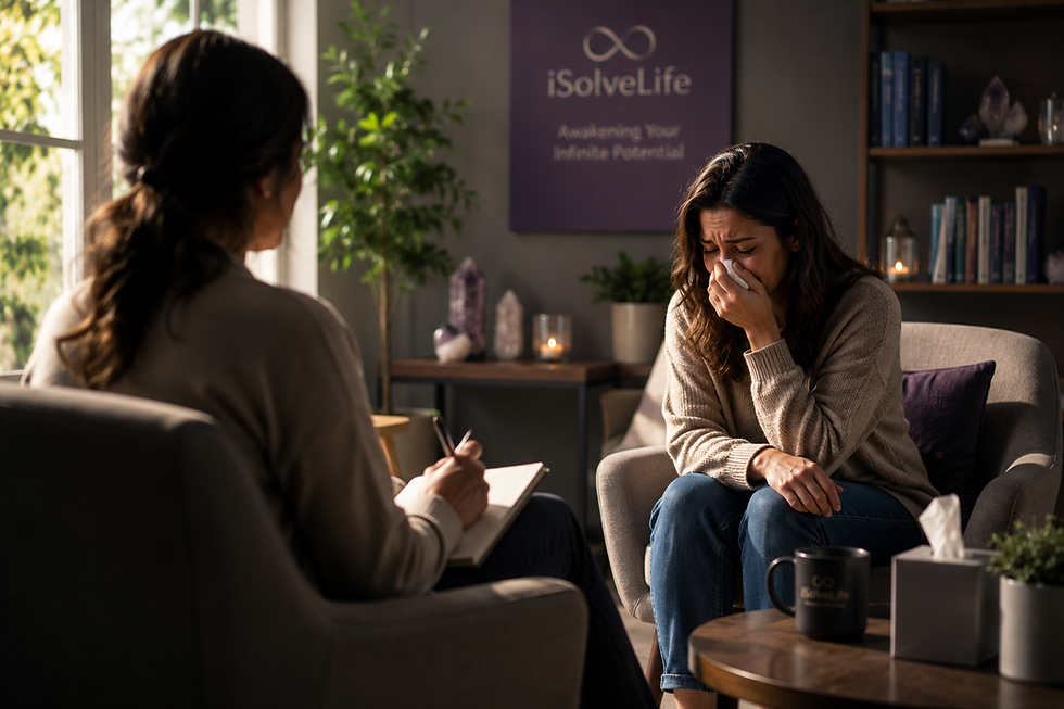 Woman cries into a tissue during counseling while a therapist takes notes; iSolveLife sign in a calm, sunlit office.
