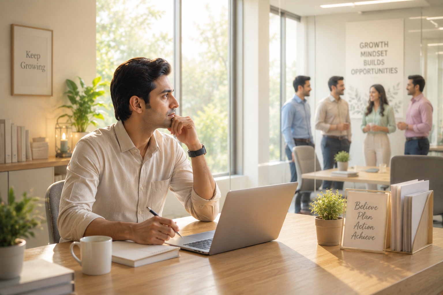 A professional reflecting in a bright office environment before making a courageous career decision.