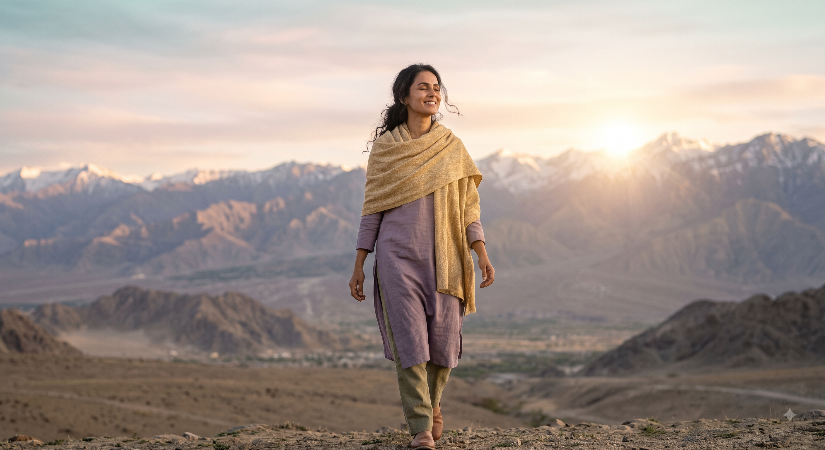 Woman walking freely through a sunlit landscape representing inner freedom and renewed happiness