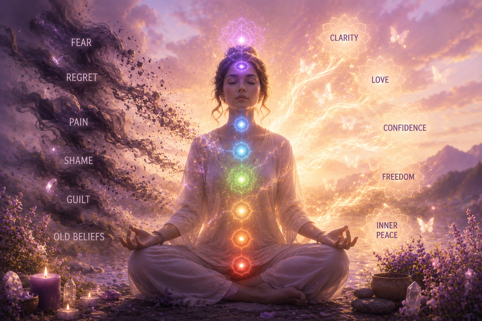Person meditating with glowing chakras as fear, shame, guilt, and old beliefs dissolve into light.