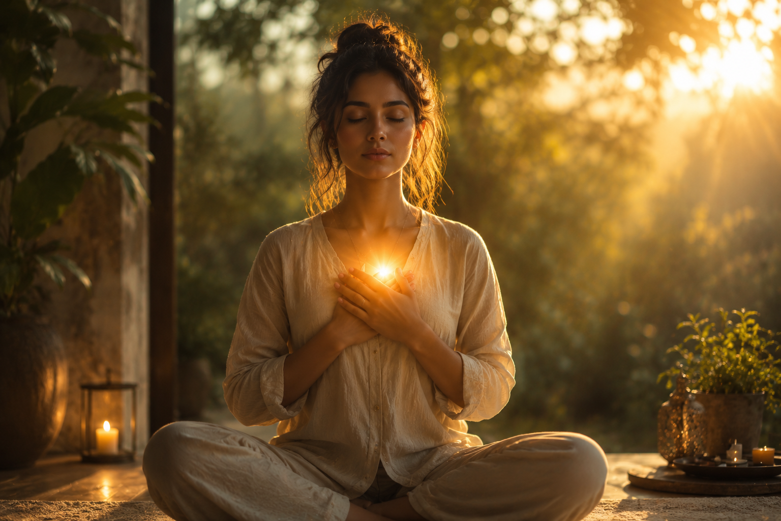 A peaceful woman sitting in meditation with hands over her heart center, surrounded by soft golden light and calm natural surroundings, emotionally safe atmosphere, spiritual healing aesthetic, cinematic realism, warm sunlight, subtle emotional transformation energy.