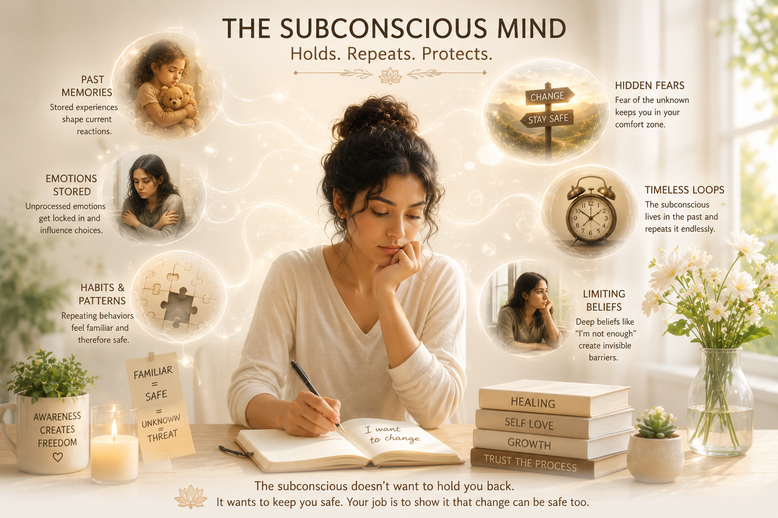 Artistic visualization of the subconscious mind as layered memories, repeating thought loops, emotional patterns, and hidden fears surrounding a thoughtful person sitting quietly. Floating symbolic imagery like clocks, mirrors, childhood memories, tangled thoughts, and repeating paths. Mystical yet realistic style, deep blue and gold tones, introspective atmosphere.