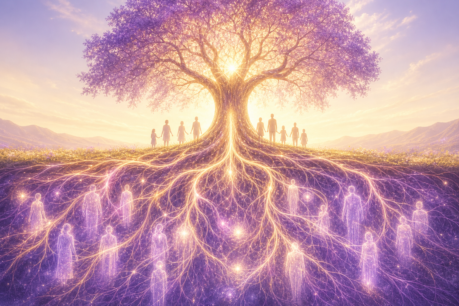 Glowing tree with deep roots and human silhouettes, symbolizing ancestral karmas and inherited belief patterns across generations