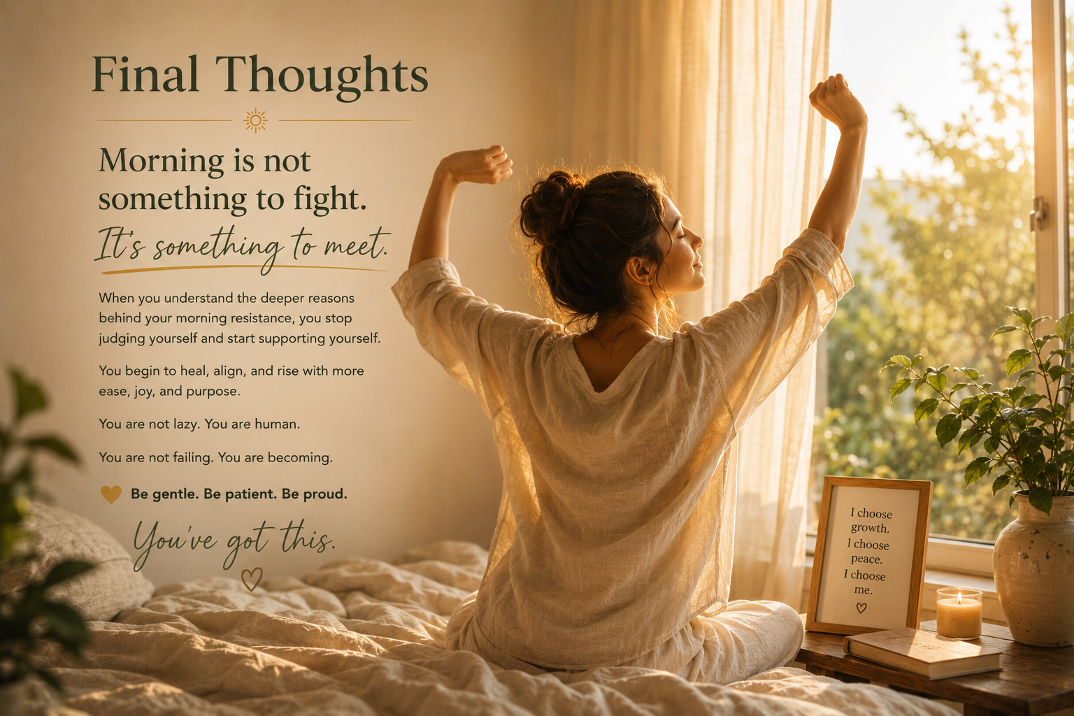 Woman stretching peacefully in warm morning sunlight representing healing, self acceptance, and emotional renewal.