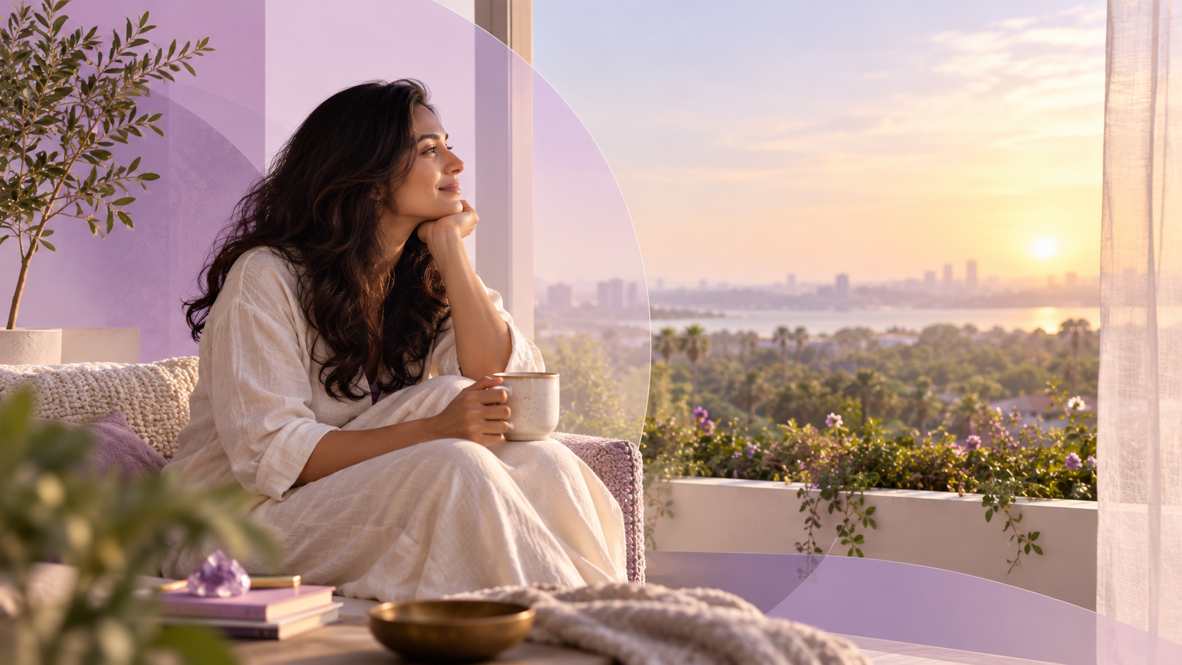 Person experiencing a quiet moment of fulfillment in a peaceful sunlit setting