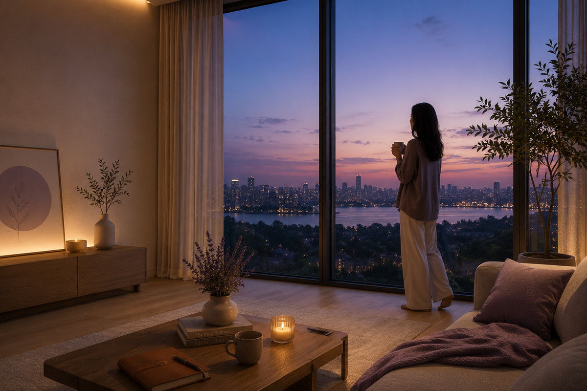 A person standing by a large window at twilight, reflecting quietly on their vision and future in a calm modern home.