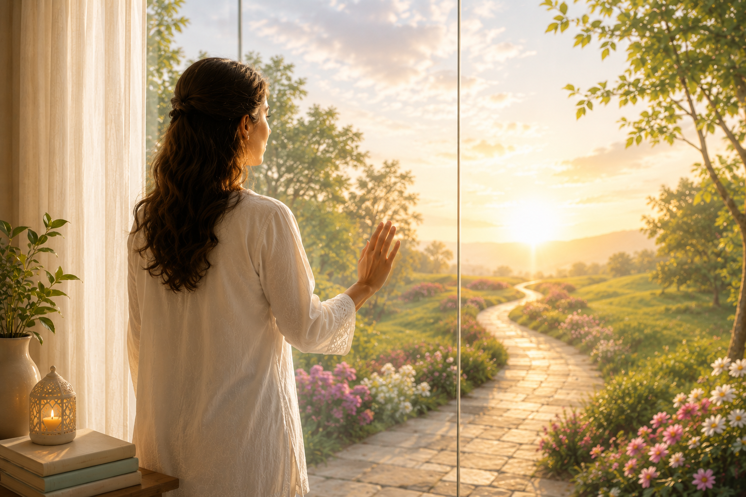 A woman walks through a shattered glass ceiling toward a bright horizon, symbolizing freedom from self-limiting beliefs and personal transformation.