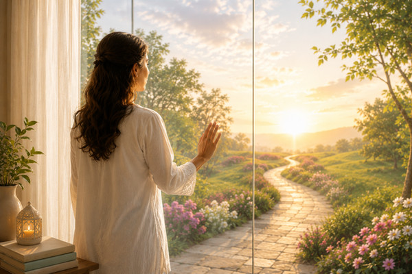 A woman walks through a shattered glass ceiling toward a bright horizon, symbolizing freedom from self-limiting beliefs and personal transformation.