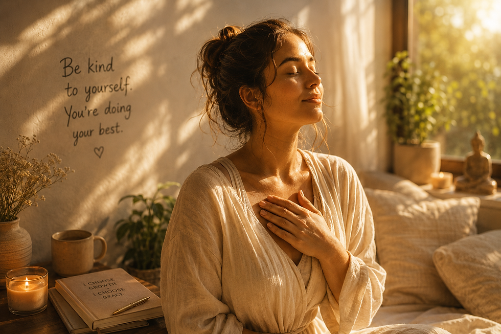 Peaceful woman placing her hand on her heart in warm morning sunlight symbolizing self compassion and emotional healing.