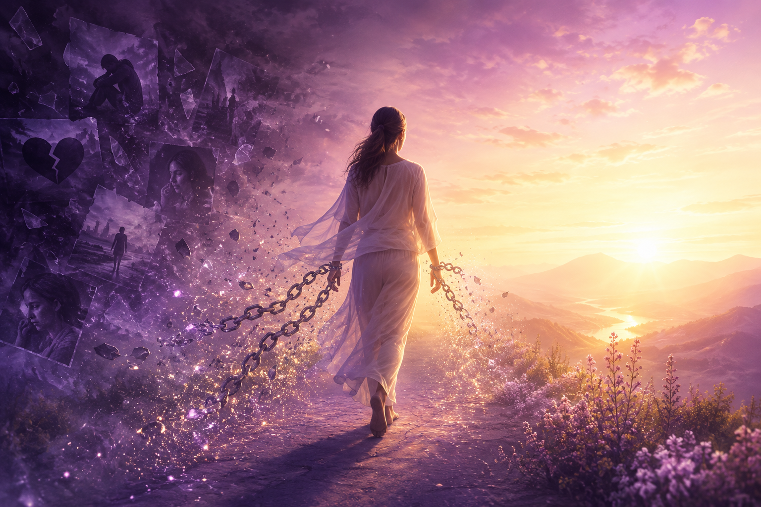 Person walking from darkness into golden light as broken chains dissolve, symbolizing freedom from emotional baggage.