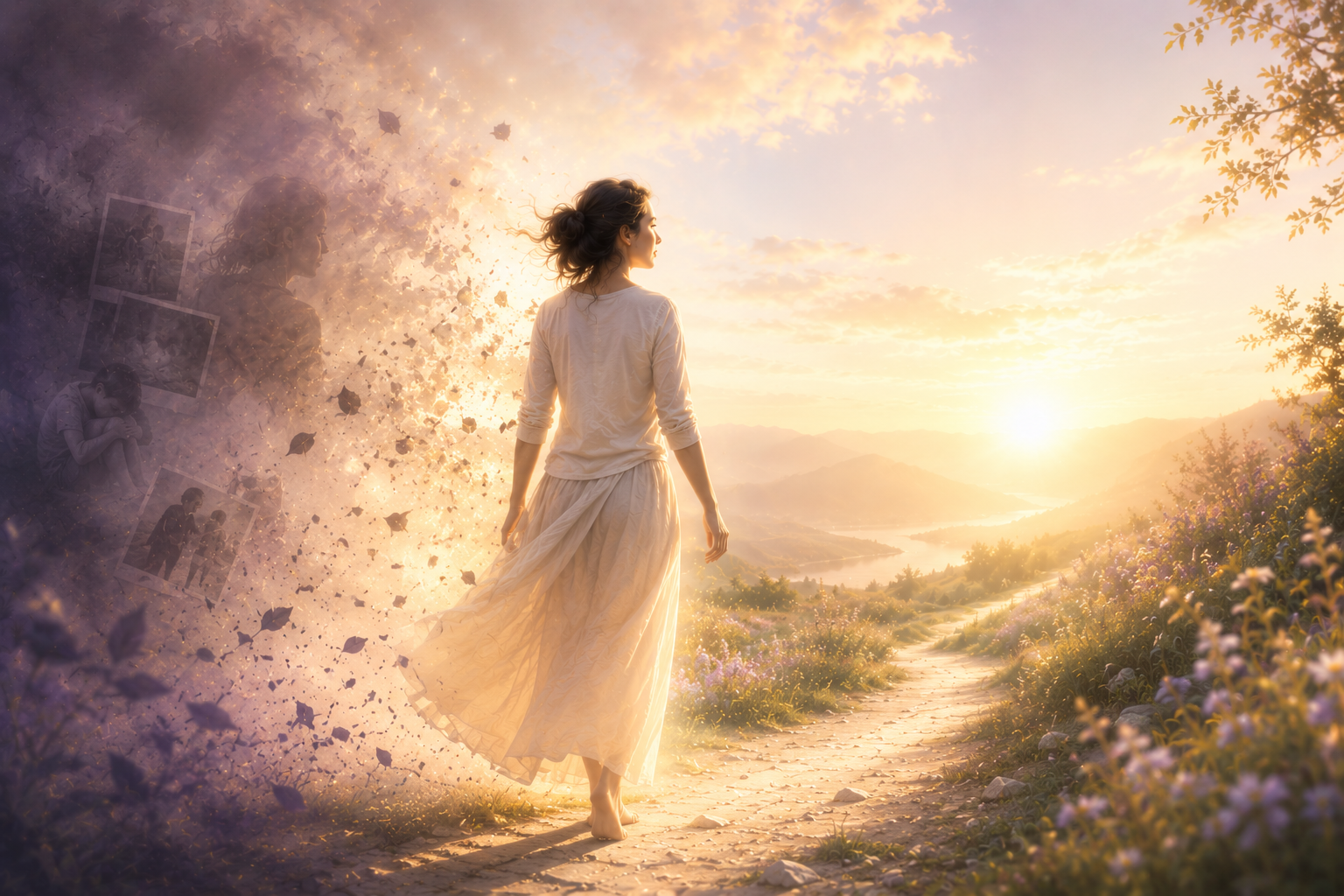 Woman moving from emotional pain toward healing and compassion