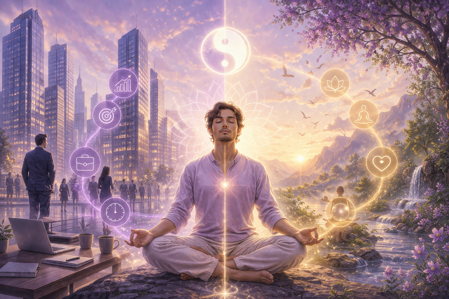 Meditating person between city life and nature, symbolizing the balance between material success and spiritual growth