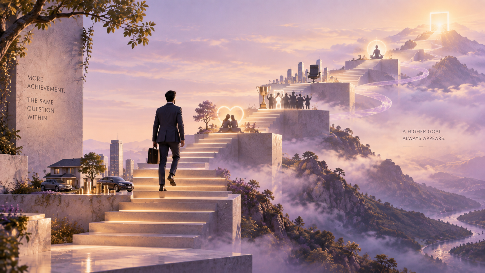A professional man climbs a series of glowing staircases through a lavender mountain landscape, passing symbolic stages of wealth, relationships, recognition, leadership, and spirituality, with another destination always appearing ahead.