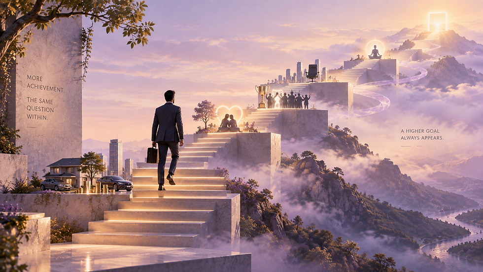 A professional man climbs a series of glowing staircases through a lavender mountain landscape, passing symbolic stages of wealth, relationships, recognition, leadership, and spirituality, with another destination always appearing ahead.