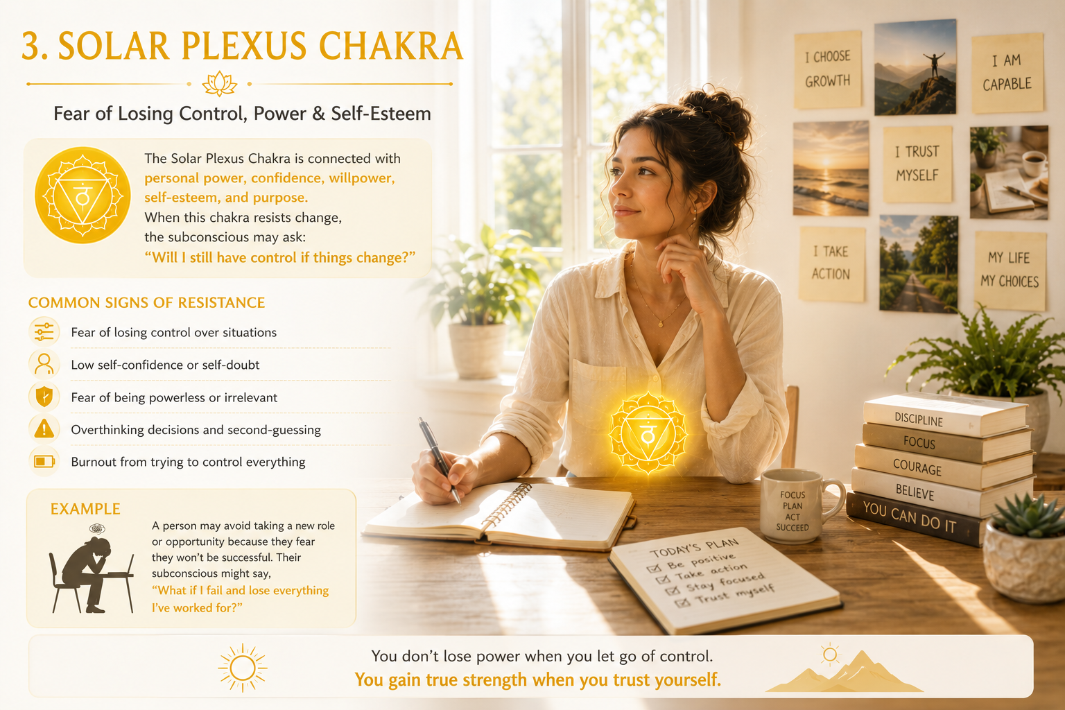 A man standing in front of two business paths, one old and safe, the other unknown but filled with opportunity. Yellow solar plexus chakra glowing strongly. Expression of anxiety, uncertainty, and inner conflict. Symbolic imagery of control versus growth. Golden yellow tones, realistic spiritual mood, cinematic depth.