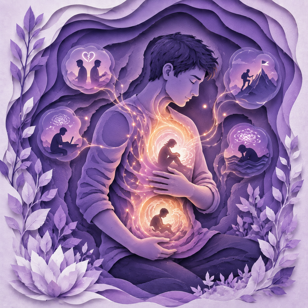Reflective man listening to emotional messages stored within his body, surrounded by symbols of grief, relationships, personal growth and inner healing.