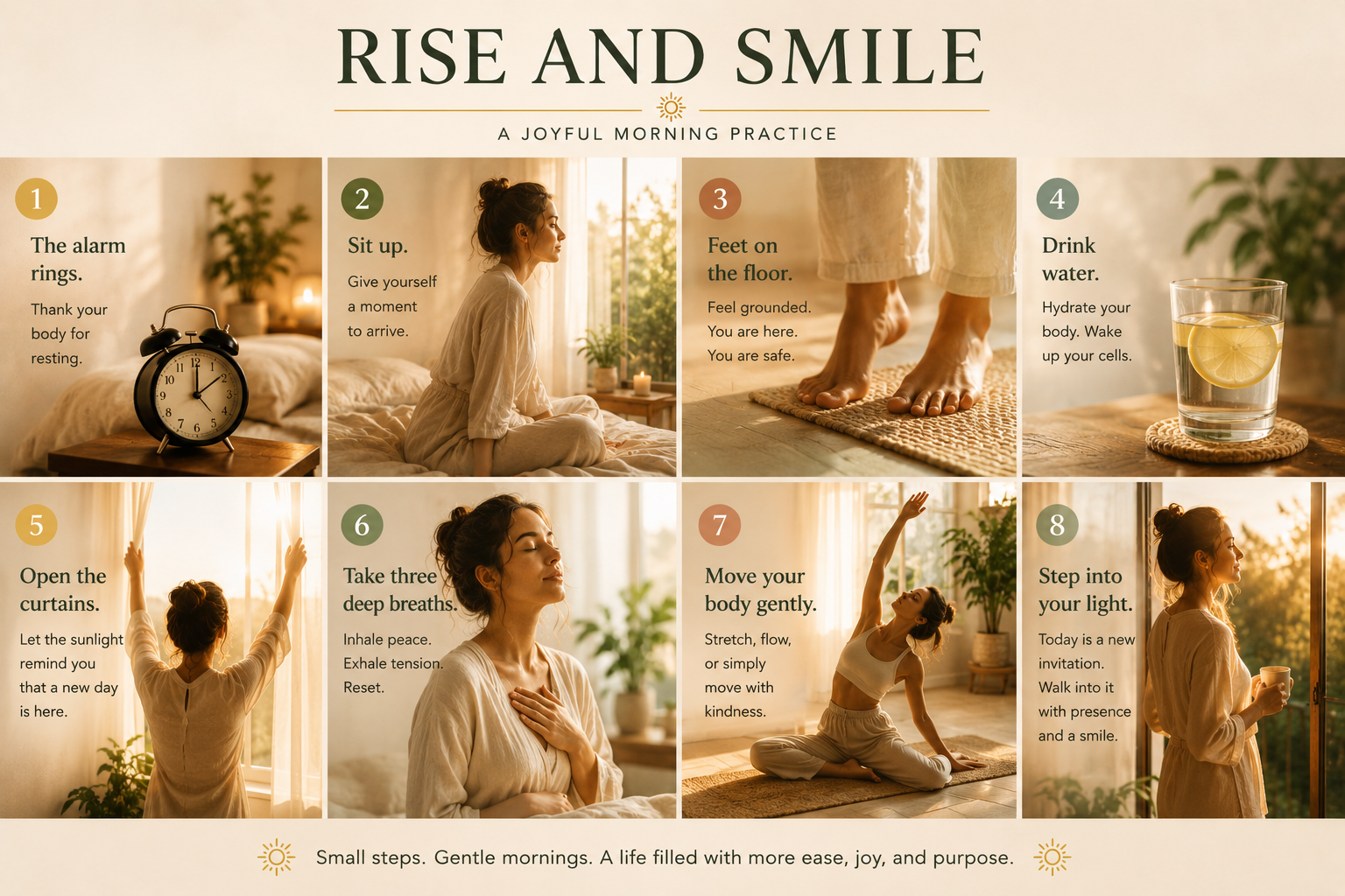 Step-by-step morning wellness routine infographic showing grounding, hydration, breathing, movement, and mindful awakening practices.