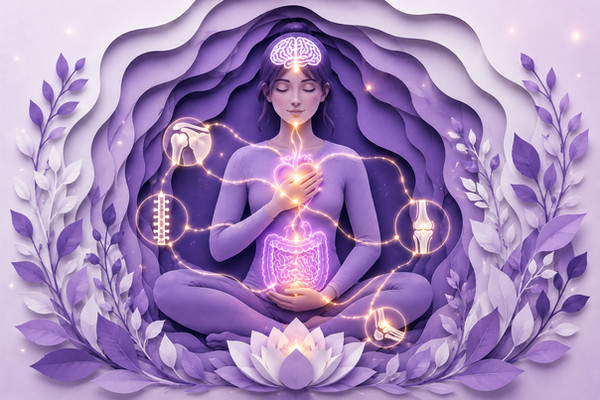 Meditating figure with glowing connections between the brain, heart, abdomen, spine and joints representing the mind-body connection and emotional roots of physical pain.