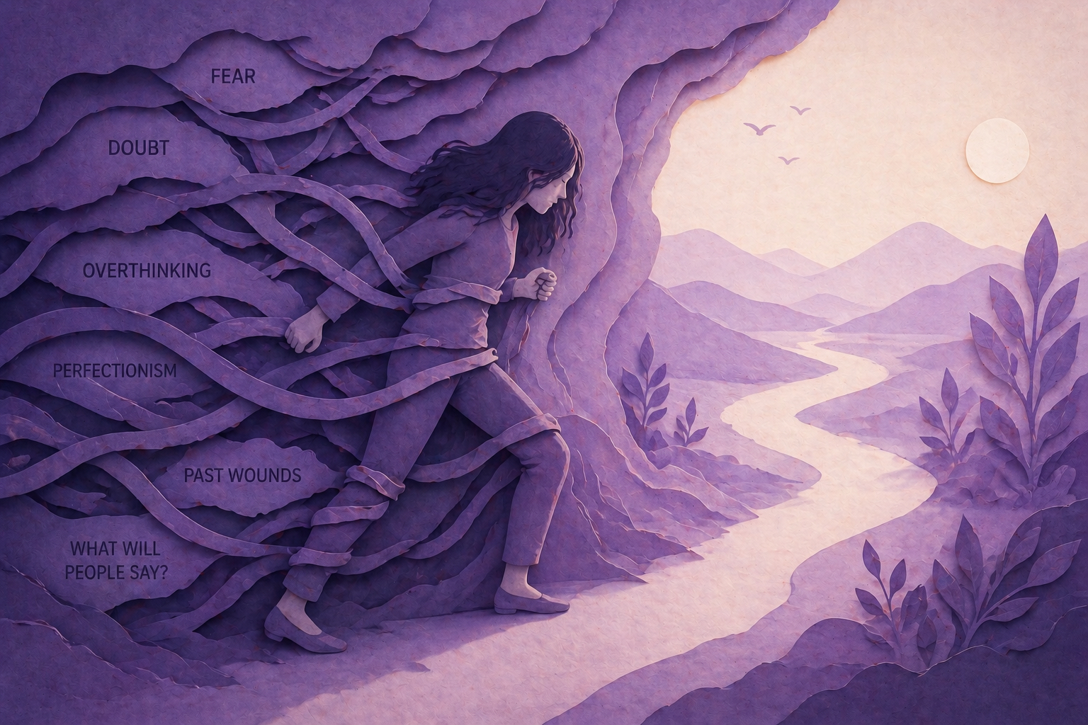 illustration of a person trying to move forward while being held back by layered strands representing fear, overthinking, and past wounds.
