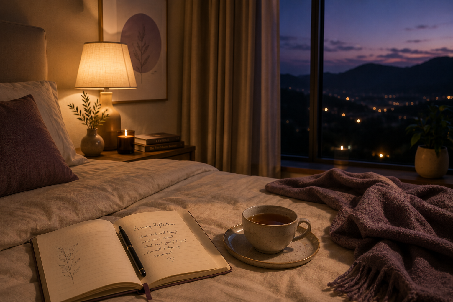 A peaceful bedroom prepared for an evening reflection with a journal, warm tea, and soft ambient lighting.