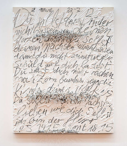 Günther Uecker, Dialog, 2002, Nägel, Farbe und Grafit auf Leinwand und Holz, 200 x 160 x 16 cm ungerahmt