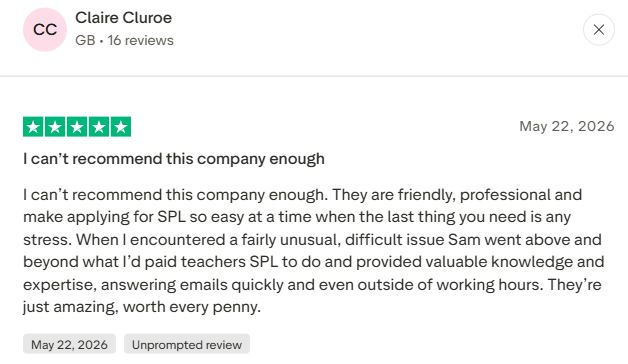 A trust pilot review praising SPL advisor's help after their forms were submitted