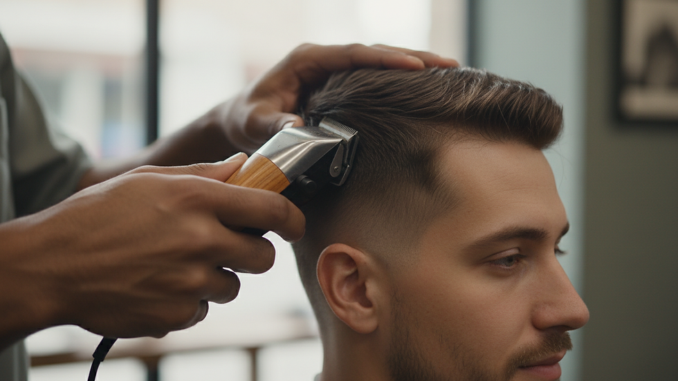 Close-up view of a barber using clippers to create a fade haircut