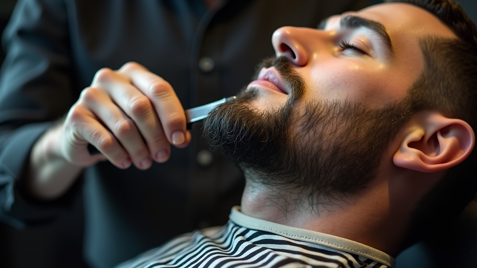 Close-up view of a barber’s hands shaping a beard with a straight razor