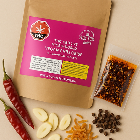 Yum Yum Factor micro-dosed chili crisp in eco pouch – THC and CBD infused vegan condiment.