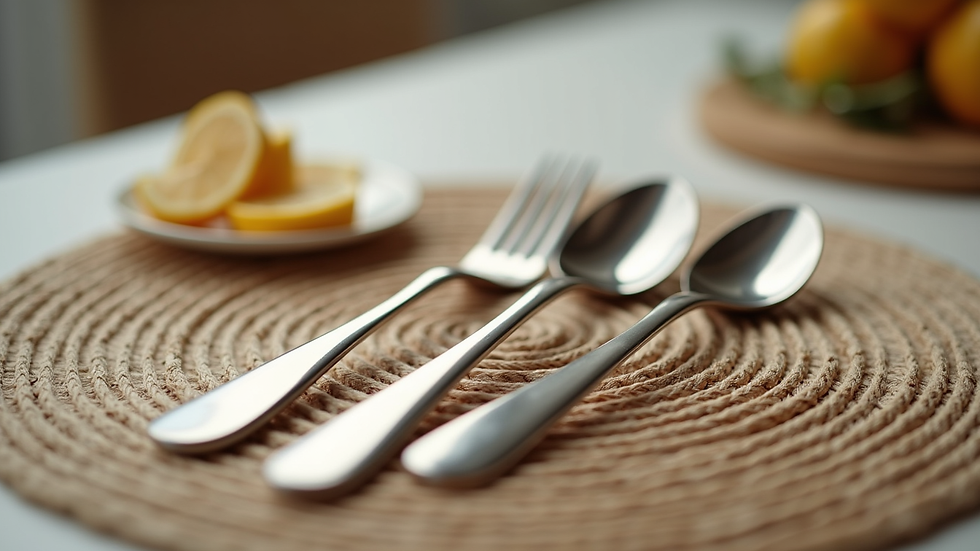 Close-up view of biodegradable cutlery set on a natural fiber placemat