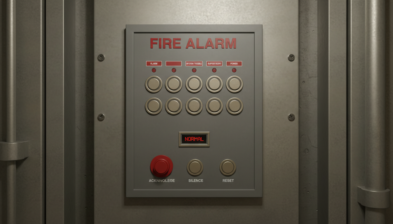 Close-up view of a fire alarm control panel with indicator lights