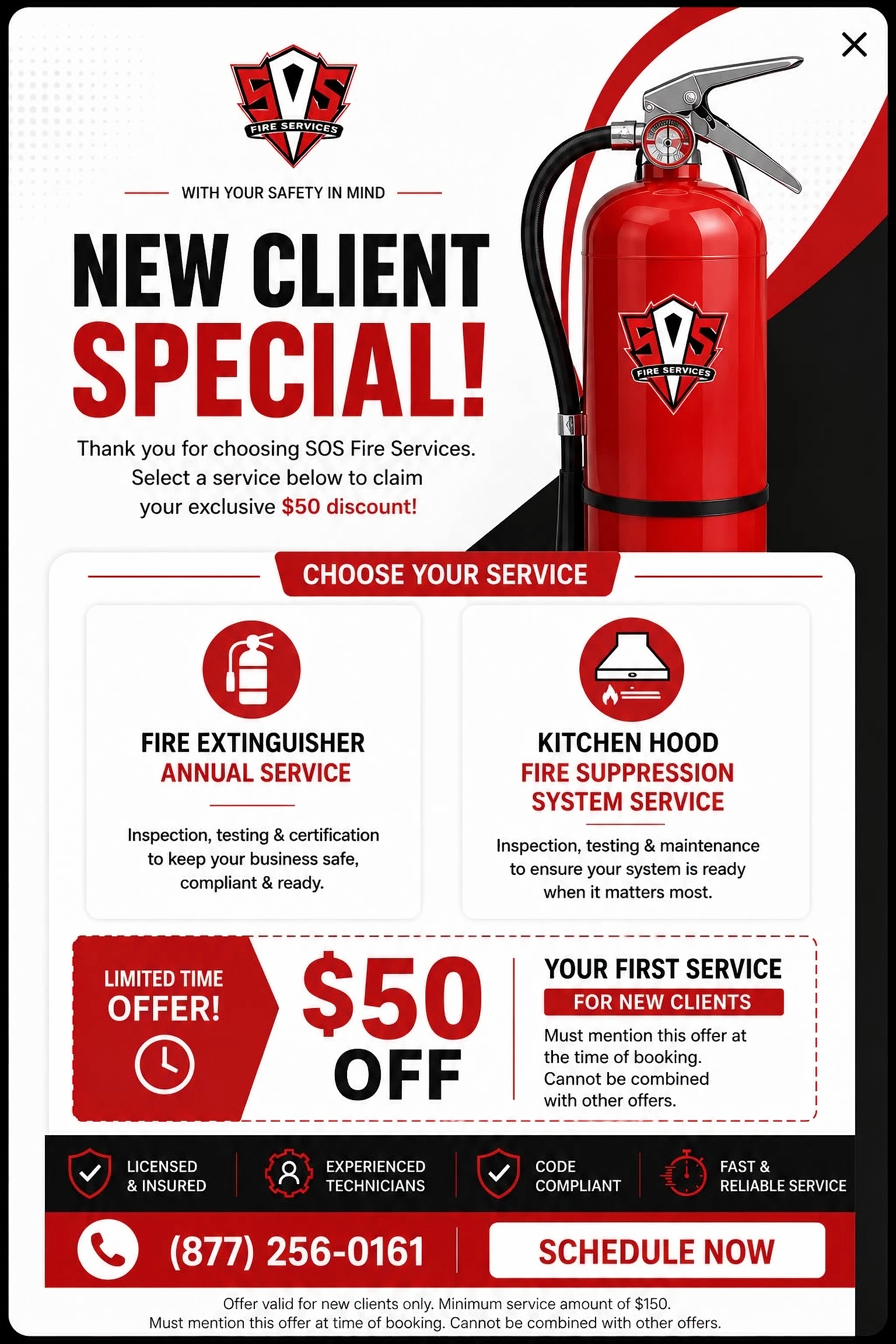Fire Services promo with red extinguisher, New Client Special, $50 off, service options, phone number, and Schedule Now button