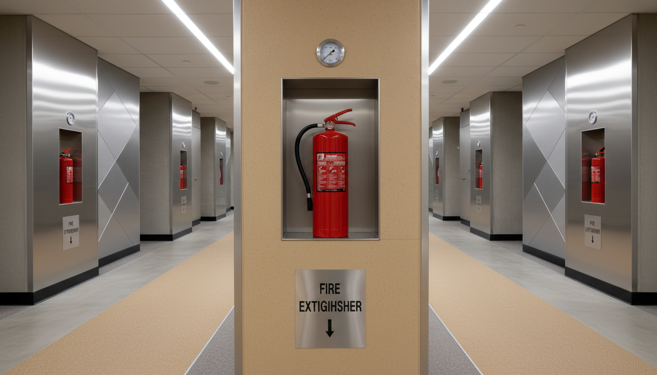 Eye-level view of a fire extinguisher mounted on a wall in a commercial building hallway