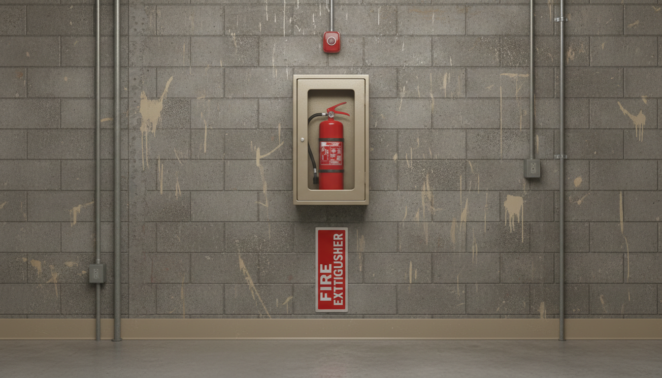 Eye-level view of a fire extinguisher mounted on a commercial building wall