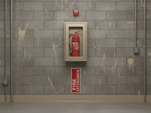 Eye-level view of a fire extinguisher mounted on a commercial building wall