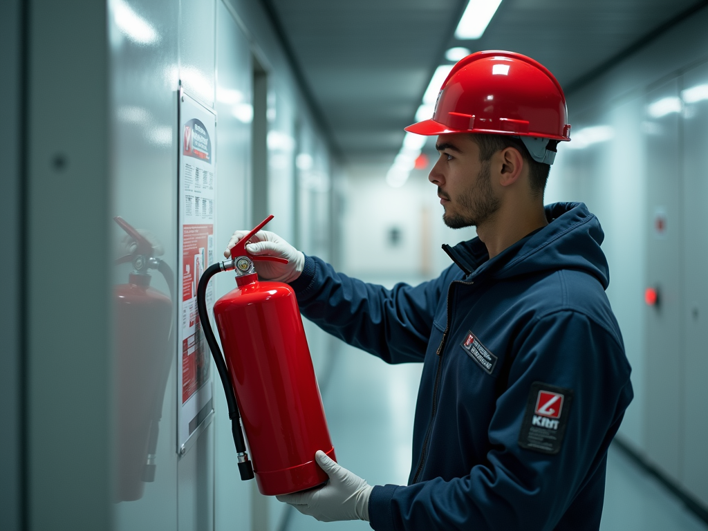 Close-up view of a portable fire extinguisher mounted on a boat deck