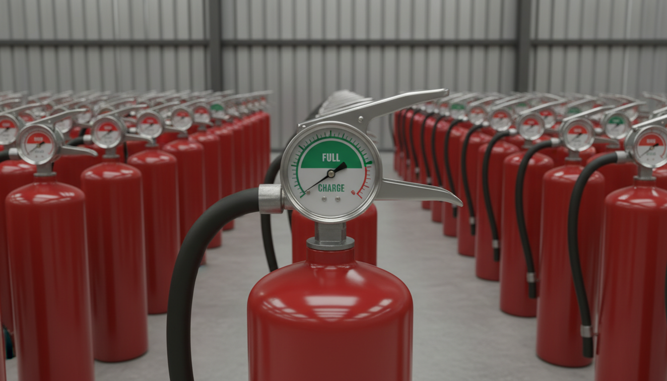 Close-up view of a fire extinguisher gauge showing pressure in the green zone