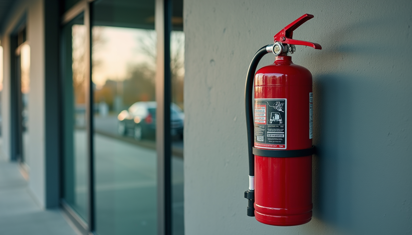 Eye-level view of fire extinguisher mounted on a wall in a commercial building